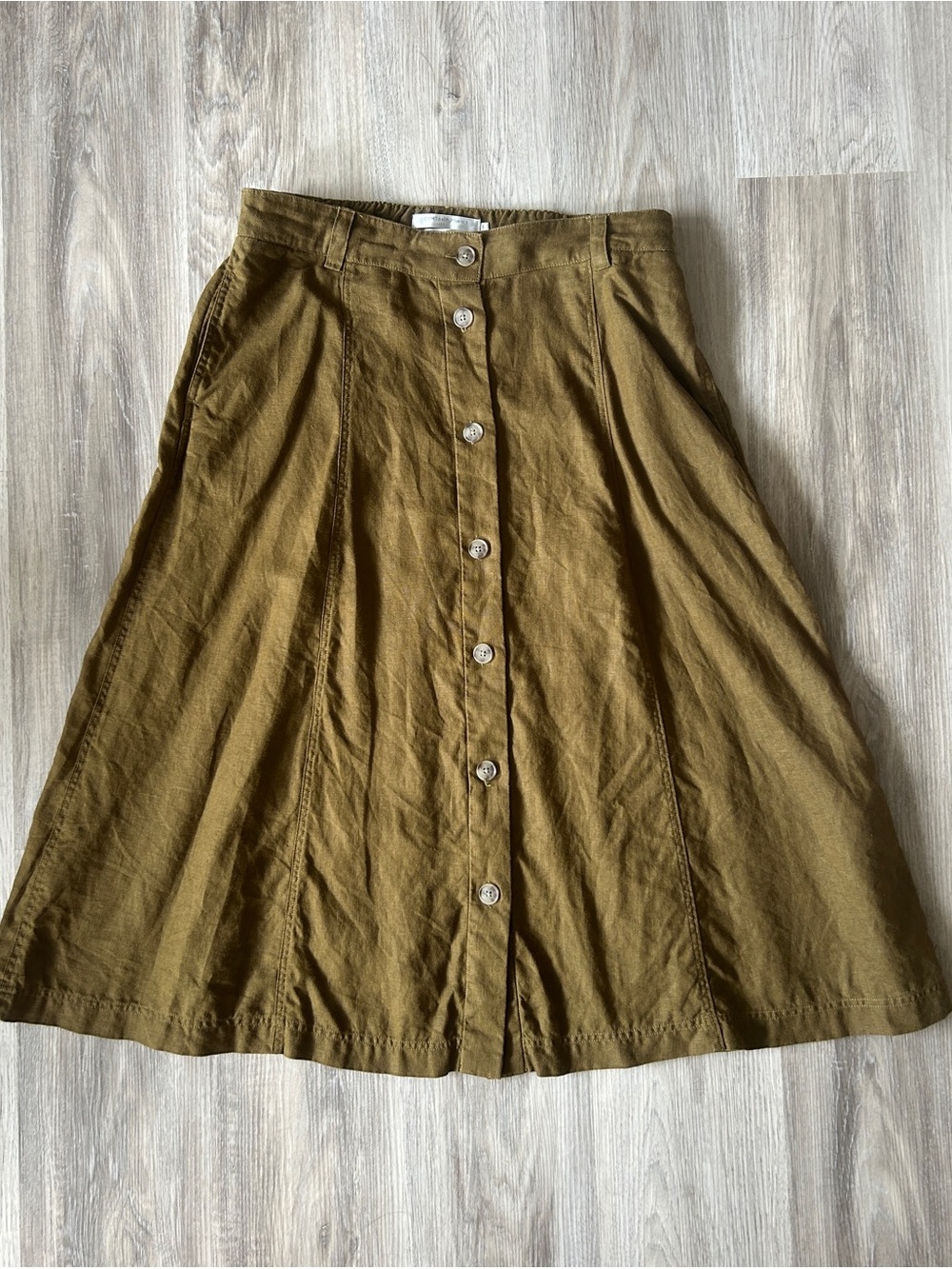 Simons Contemporaine Button-Front A-Line Linen Skirt in Olive Green